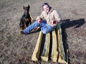 Brent, staves, and Macy the doberman P1010008 300x225 Splitting an osage log into bow staves